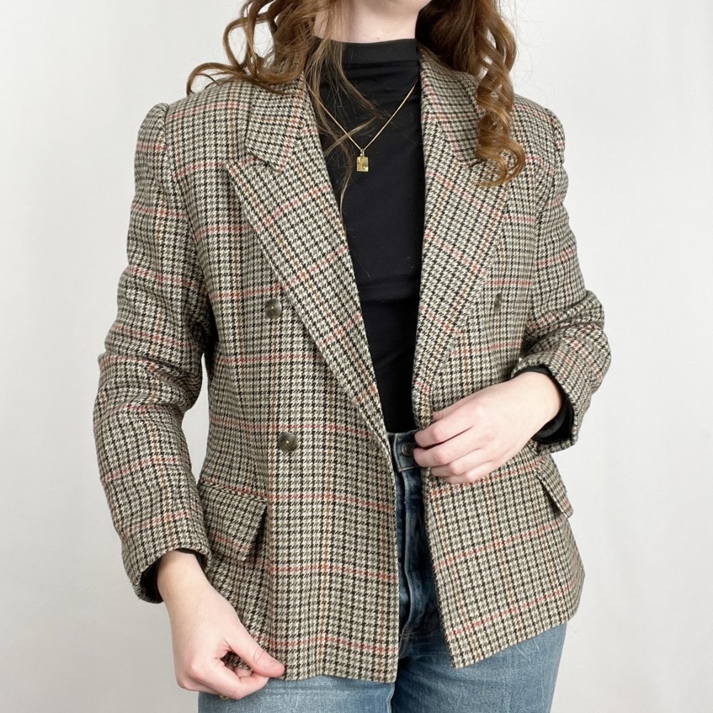 Vintage Oversized Double Breasted Houndstooth Plaid Wool Knit Blazer Jacket Coat - Picture 1 of 7